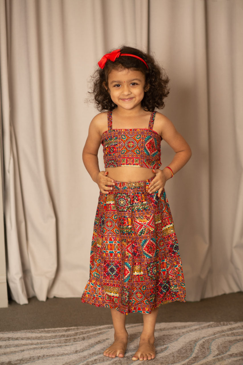 Elegant Red Ethnic Skirt and Top Set for kids - www.styletriggers.com