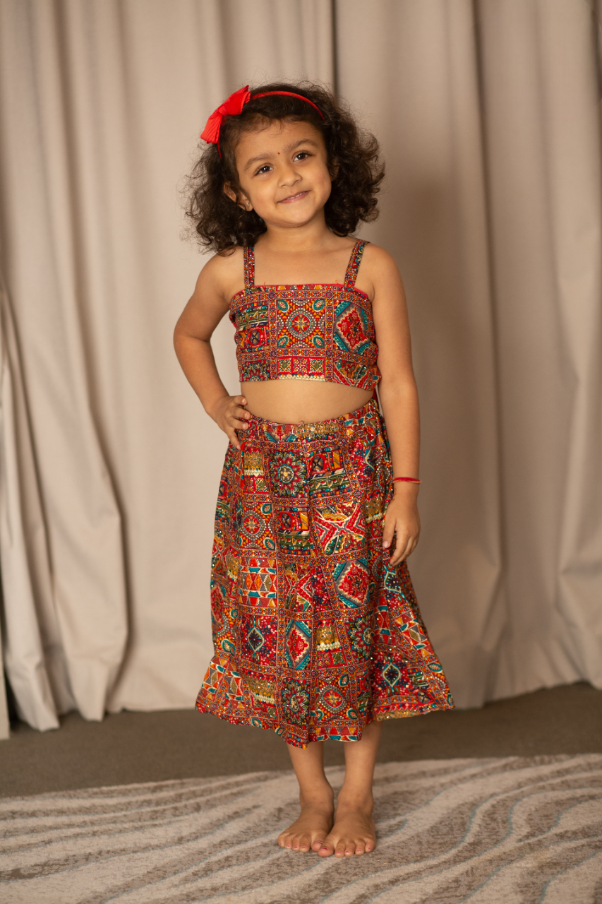 Elegant Red Ethnic Skirt and Top Set for kids - www.styletriggers.com