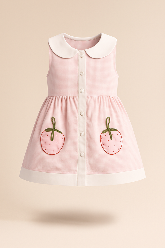Adorable light pink A-line dress with white accents and cute strawberry embroidery - www.styletriggers.com