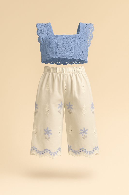 Chic sky blue crochet top with white floral embroidered pants - www.styletriggers.com