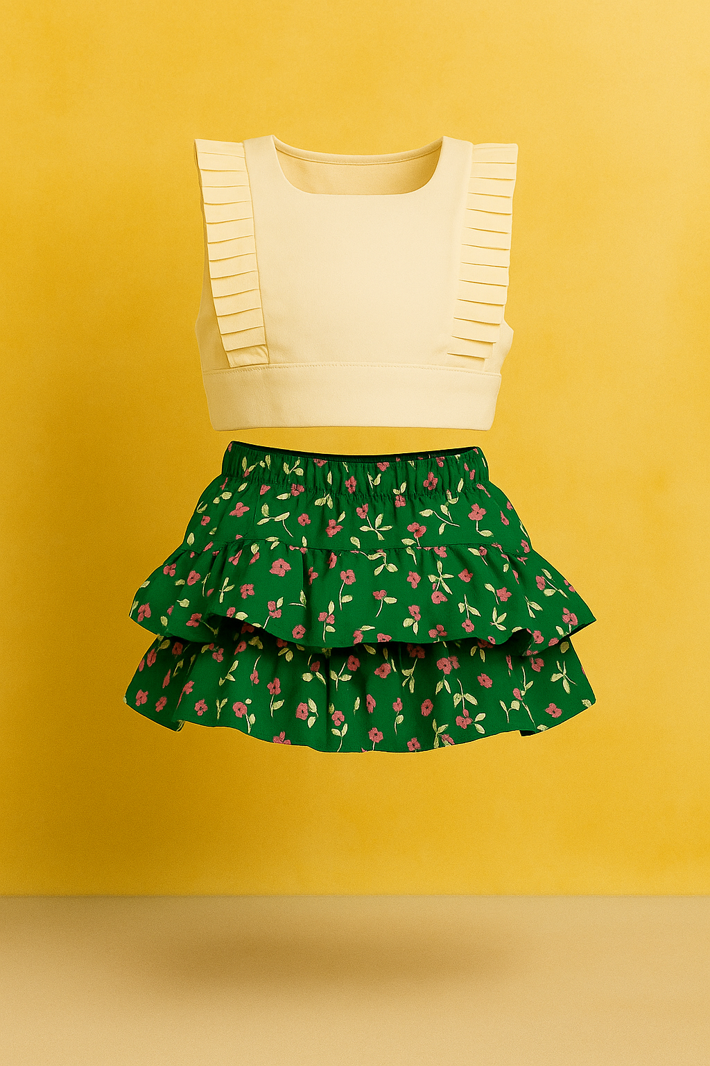 Chic ruffled skirt with pleated sleeve top set - www.styletriggers.com