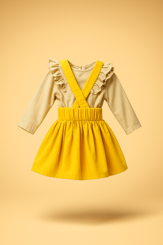 Stylish dungaree skirt paired with a cute ruffle top - www.styletriggers.com