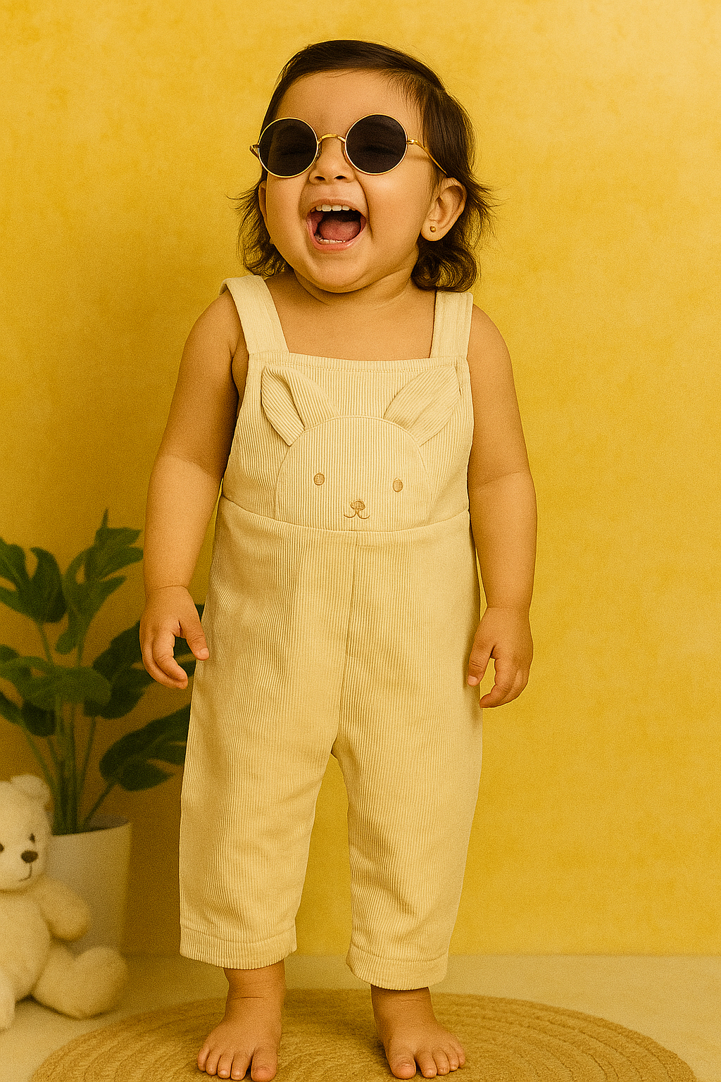 Adorable cream beige corduroy dungaree with cute bear ears