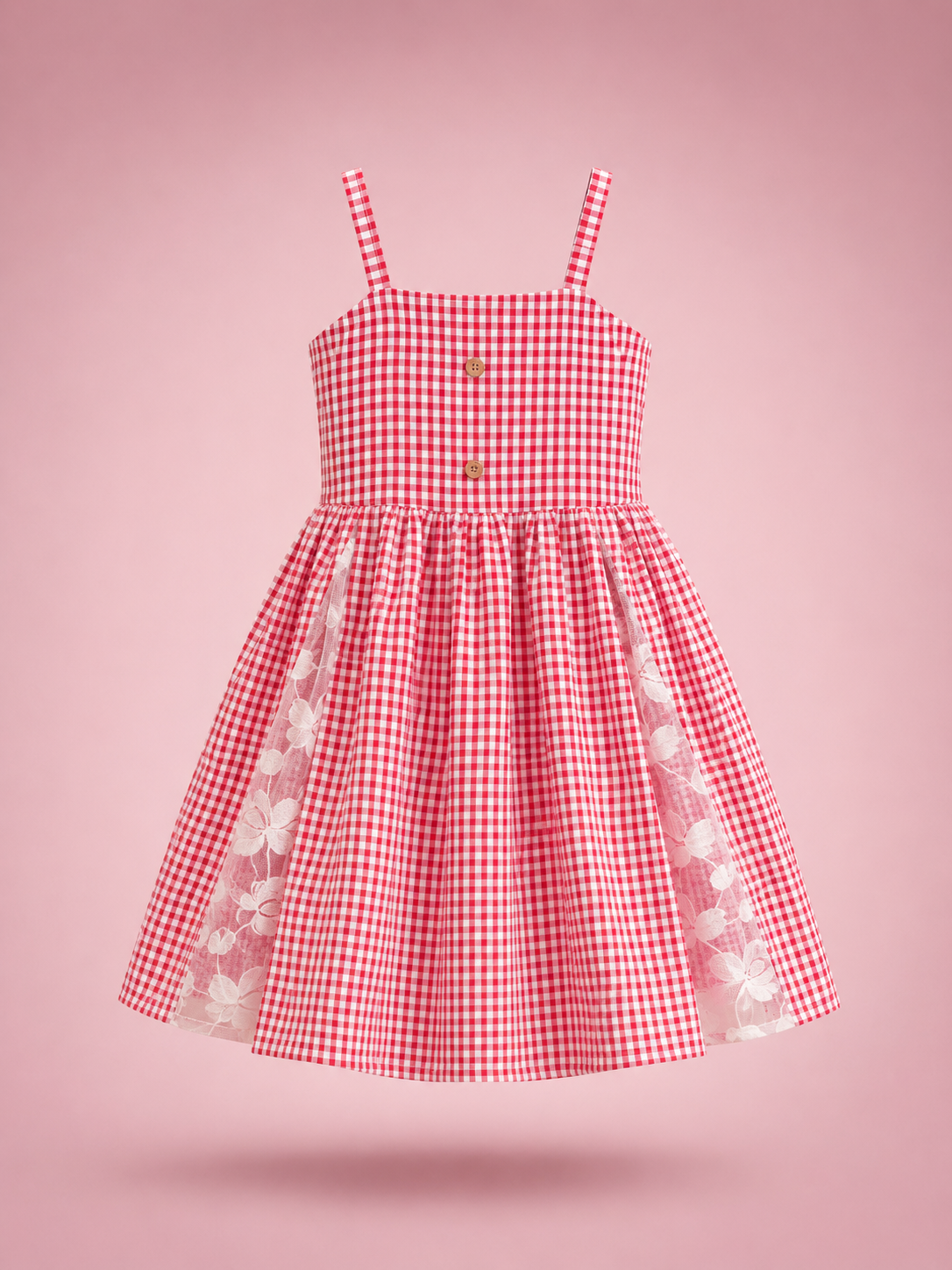 Cherry Blossom Gingham Twirl Dress โ Girls Sleeveless Sundress with Floral Lace Hem
