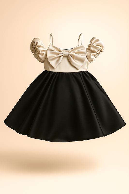 Elegant black party dress for girls with stylish white bow and sleeves