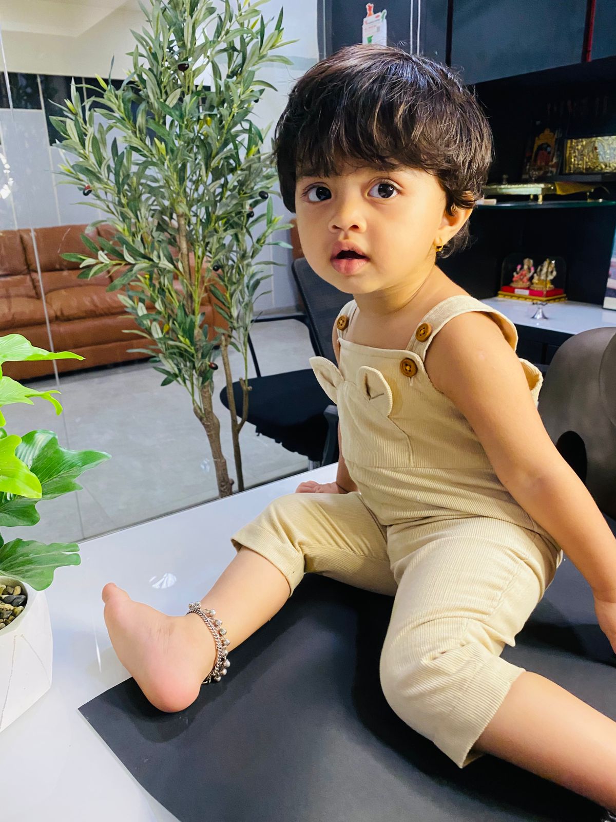 Adorable cream beige corduroy dungaree with cute bear ears - www.styletriggers.com