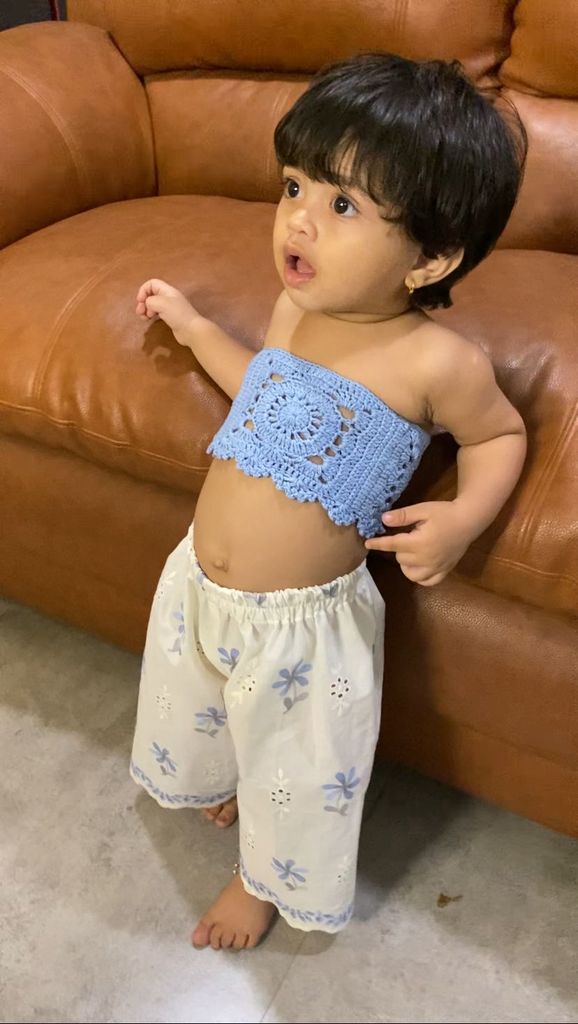 Chic sky blue crochet top with white floral embroidered pants - www.styletriggers.com