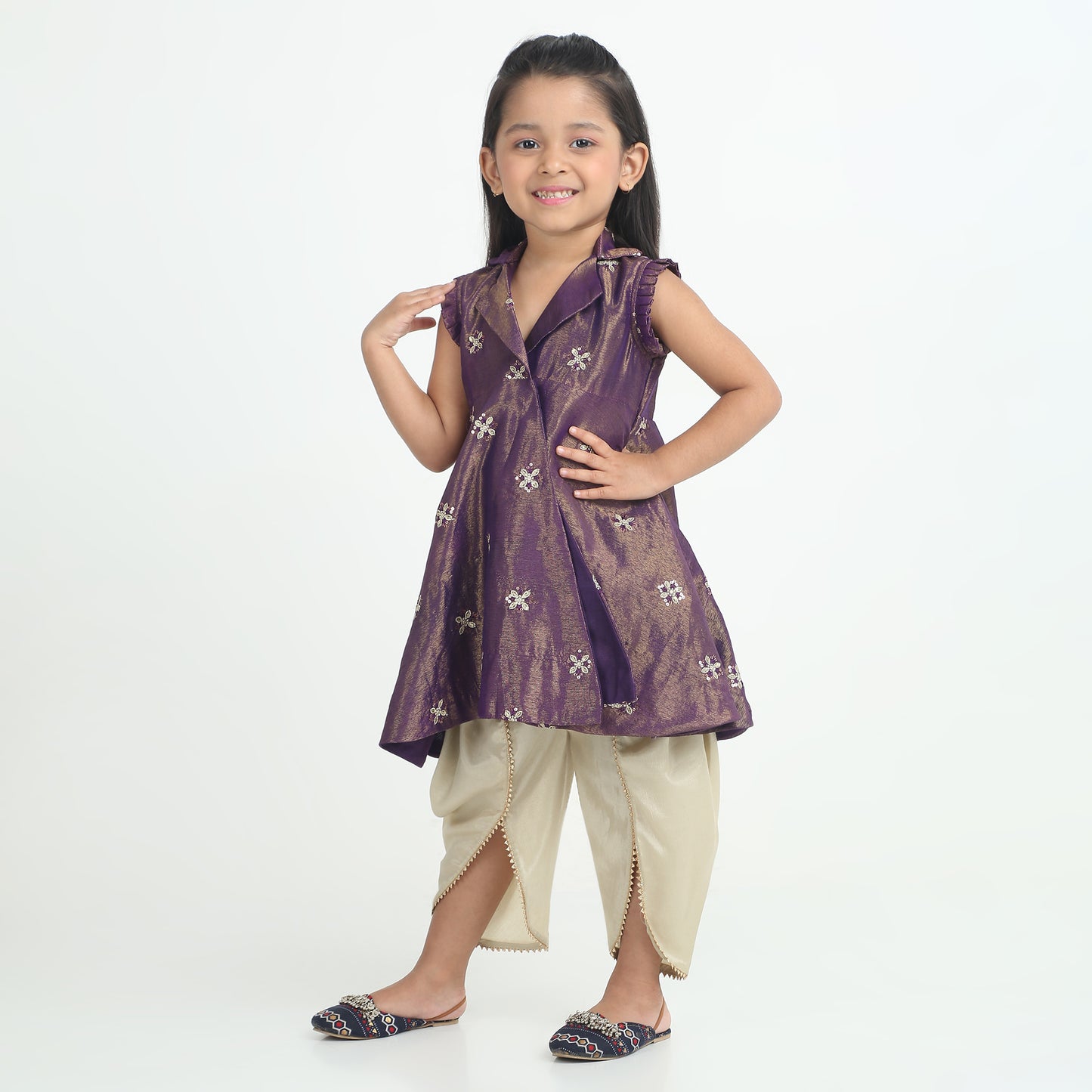 Girls Blue Foil Angrakha Dhoti – 2-Piece Festive Set