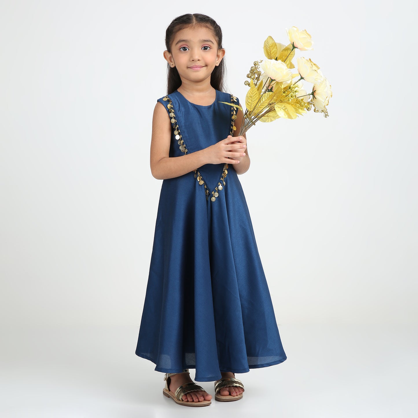 Midnight Coin Trim Maxi Dress β Girls Ethnic Sleeveless V-Neck Dress