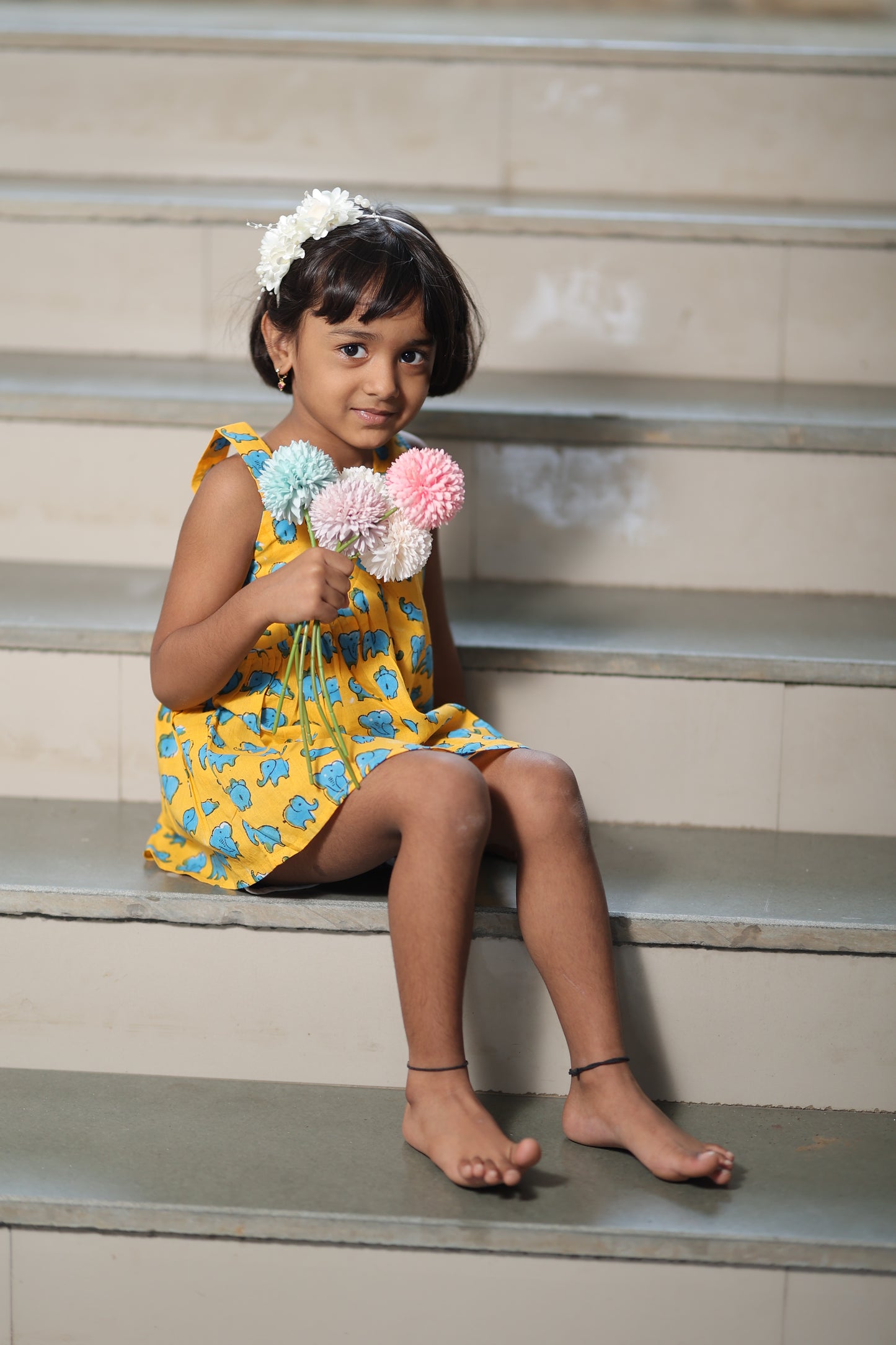 Yellow Elephant Print Frock for Kids