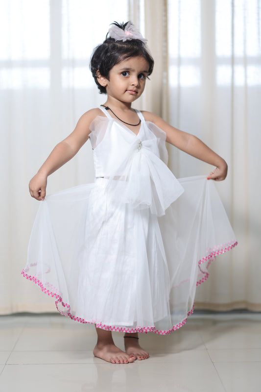 White Pretty Kids' Party Wear Dress - Cotton Satin and Net