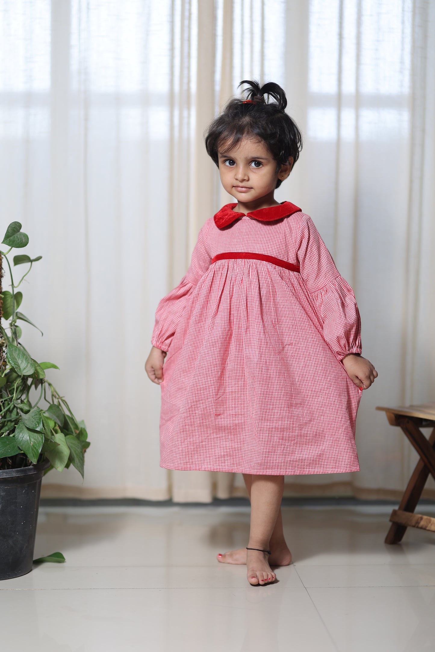 Charming Red Frock with Velvet Work for Kids