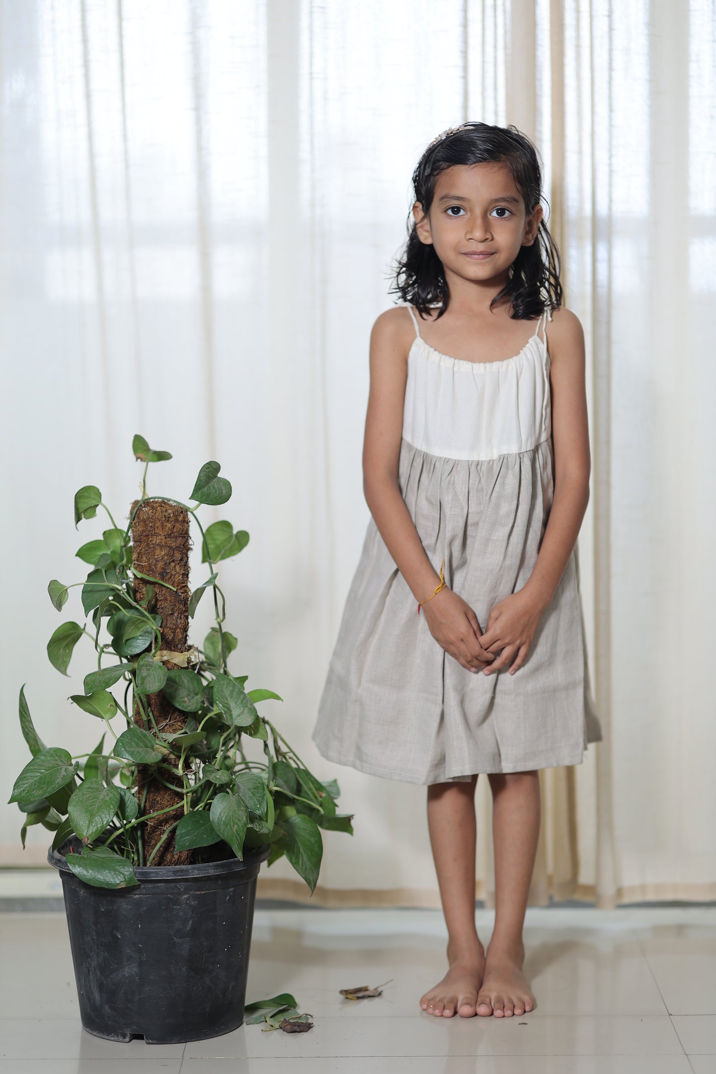 White and Cream Cotton Linen Frocks for Kids