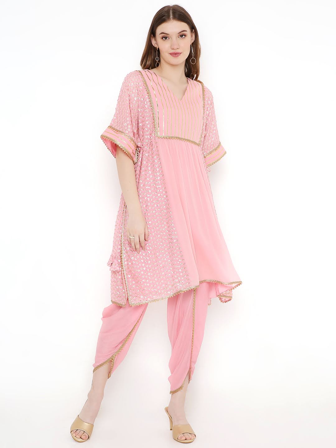op-Kaftan with an embroidered panel with gota yoke details. - www.styletriggers.com
