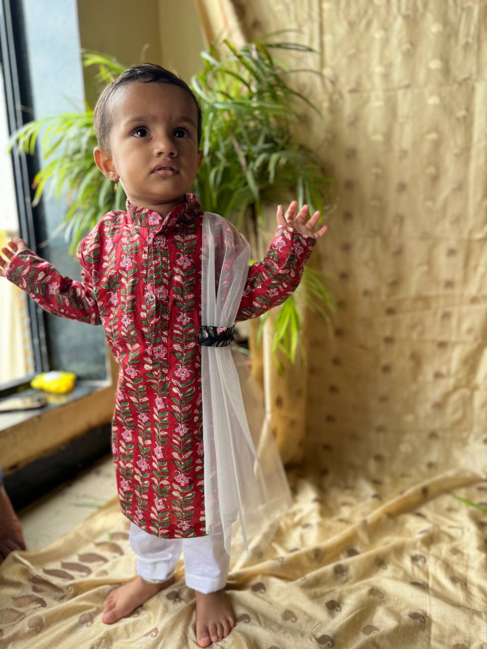 Handsome in Red: Ethnic Kurta and Pajama Set for Baby Boys