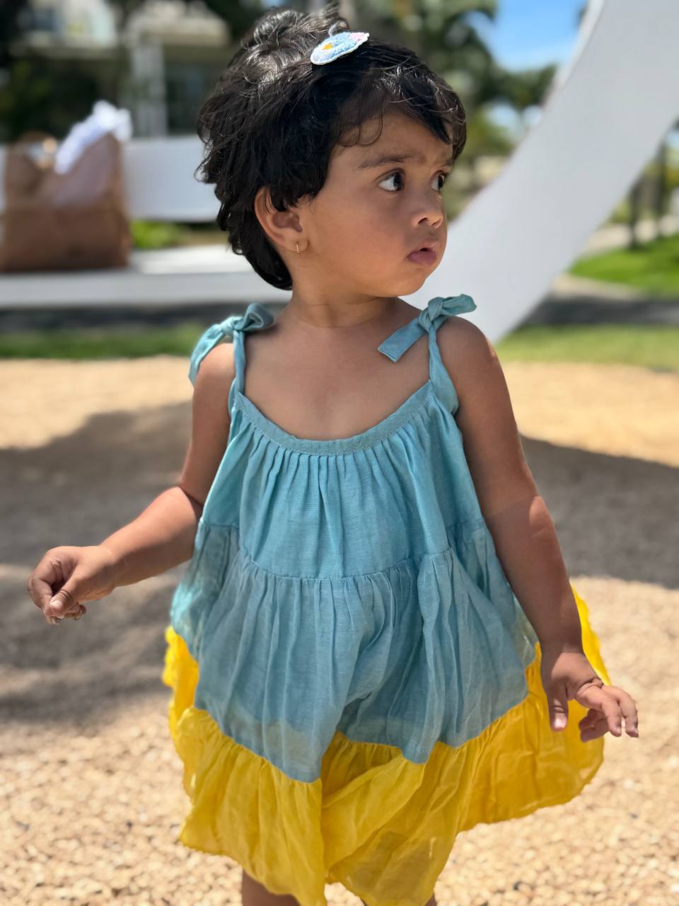 Blue & Yellow Cotton Summer Frock for Girls - www.styletriggers.com