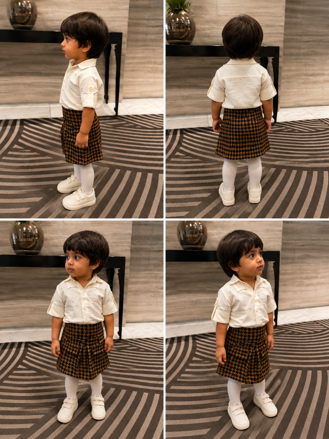 Ivory Collar Shirt & Houndstooth Skirt Set
