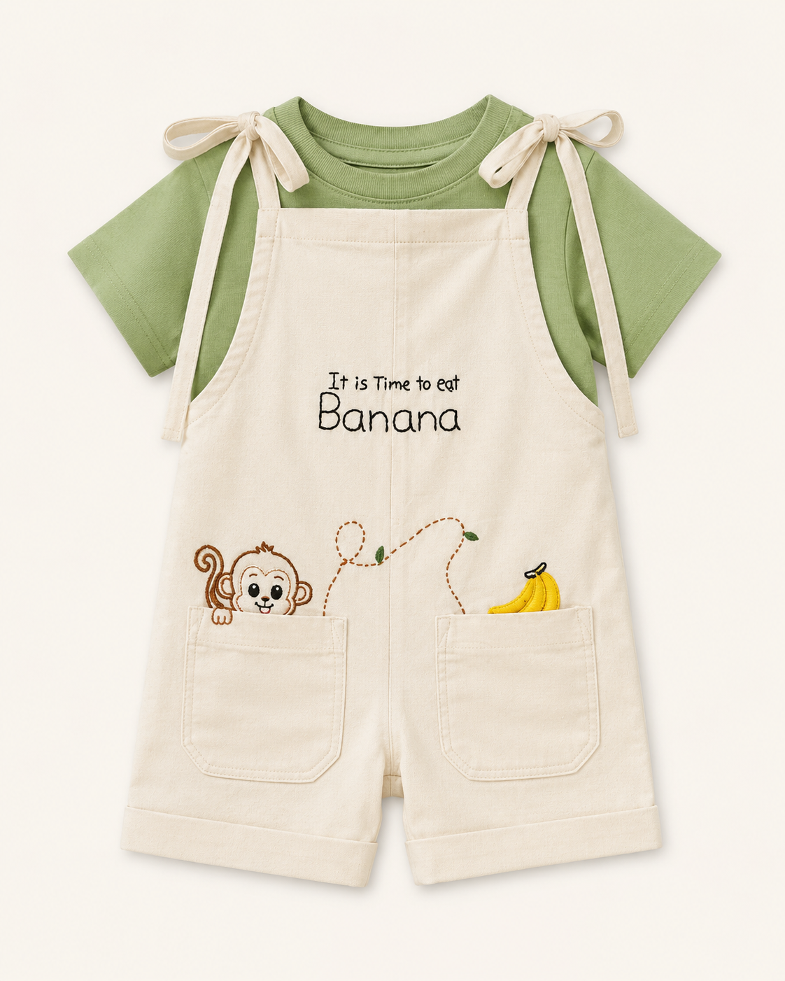 Banana Monkey Tie-Strap Dungaree Set — Baby Boys 2-Piece Romper & Tee