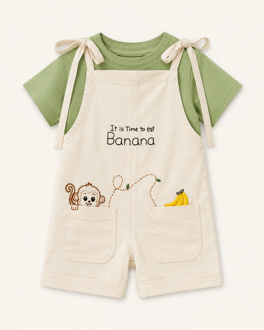 Banana Monkey Tie-Strap Dungaree Set — Baby Boys 2-Piece Romper & Tee