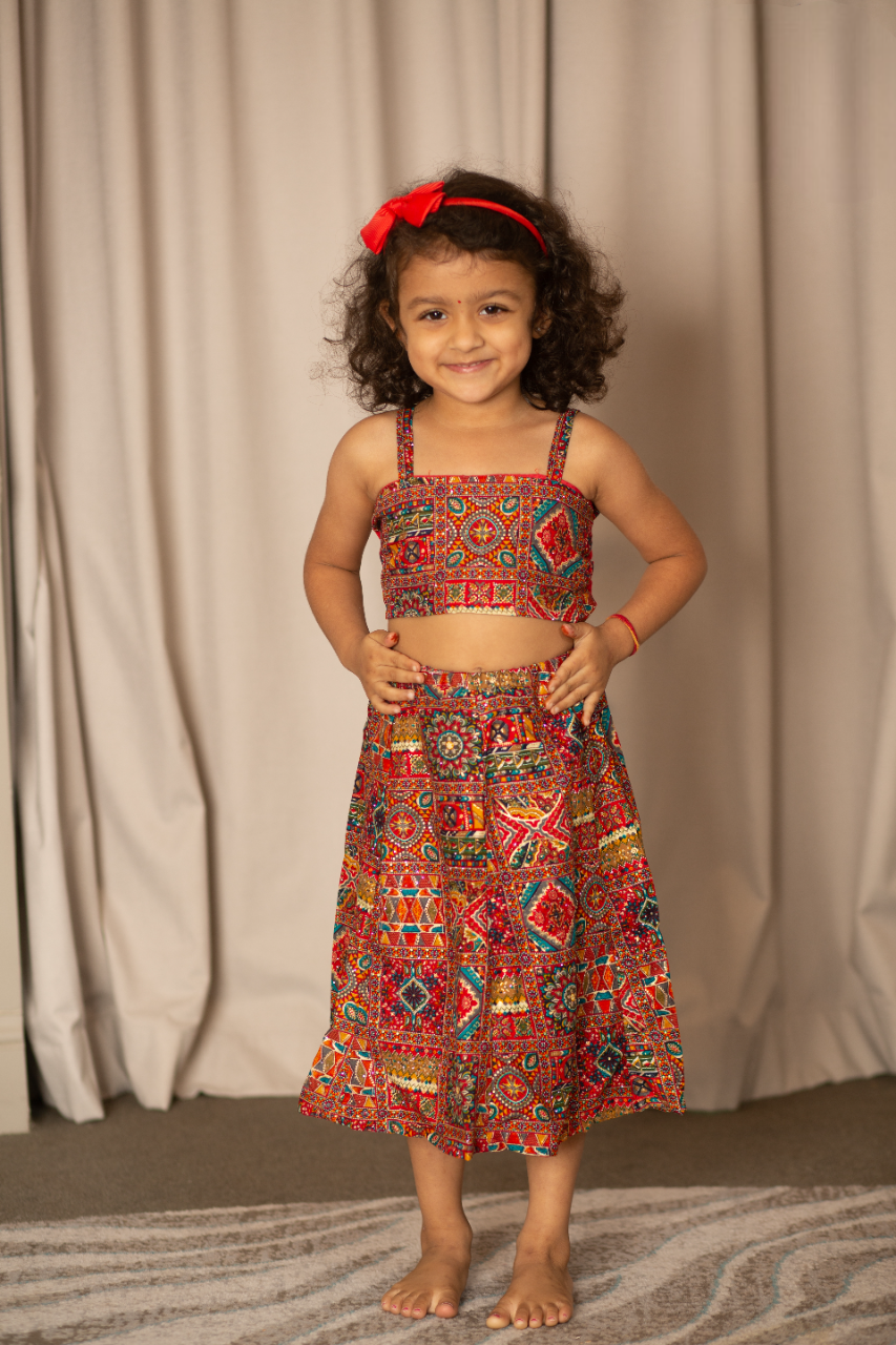 Elegant Red Ethnic Skirt and Top Set for kids