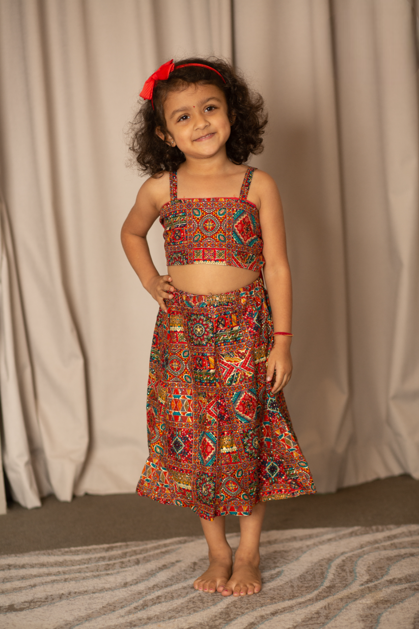 Elegant Red Ethnic Skirt and Top Set for kids