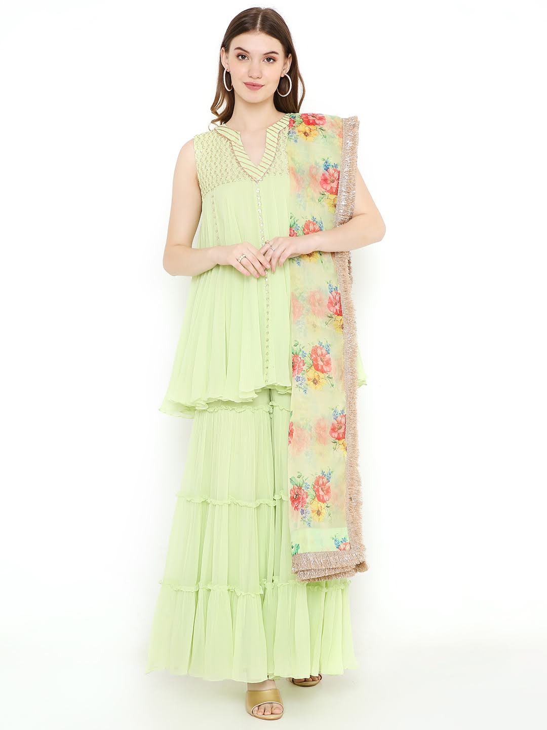 Top-Embroidered yoke with gota detailing on the neckline and flared bottom on the kurta - www.styletriggers.com