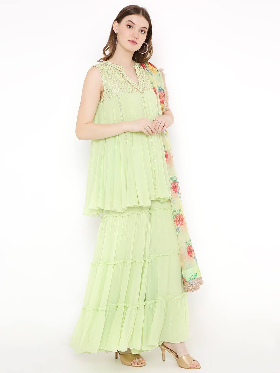 Top-Embroidered yoke with gota detailing on the neckline and flared bottom on the kurta - www.styletriggers.com