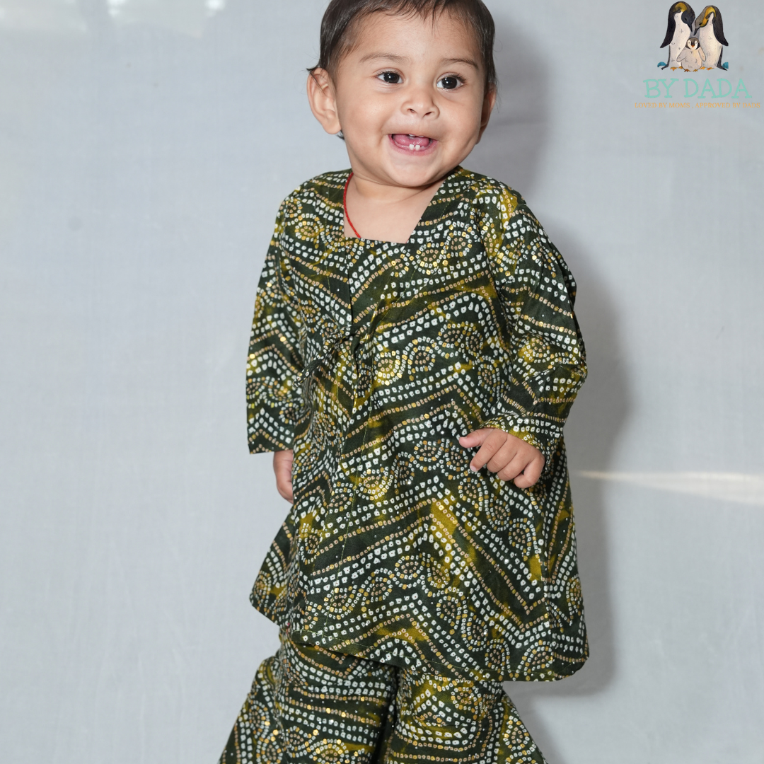 Green Ethnic Crop Top with Jacket and Palazzo Set for Baby Girls