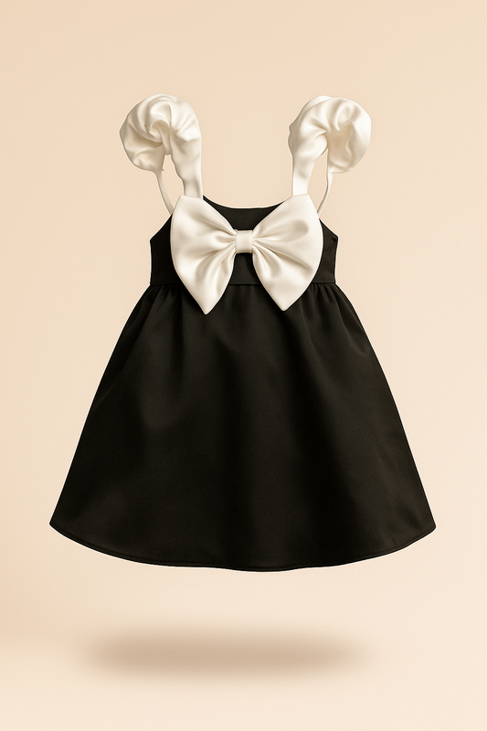 Elegant black party dress for girls with stylish white bow and sleeves - www.styletriggers.com