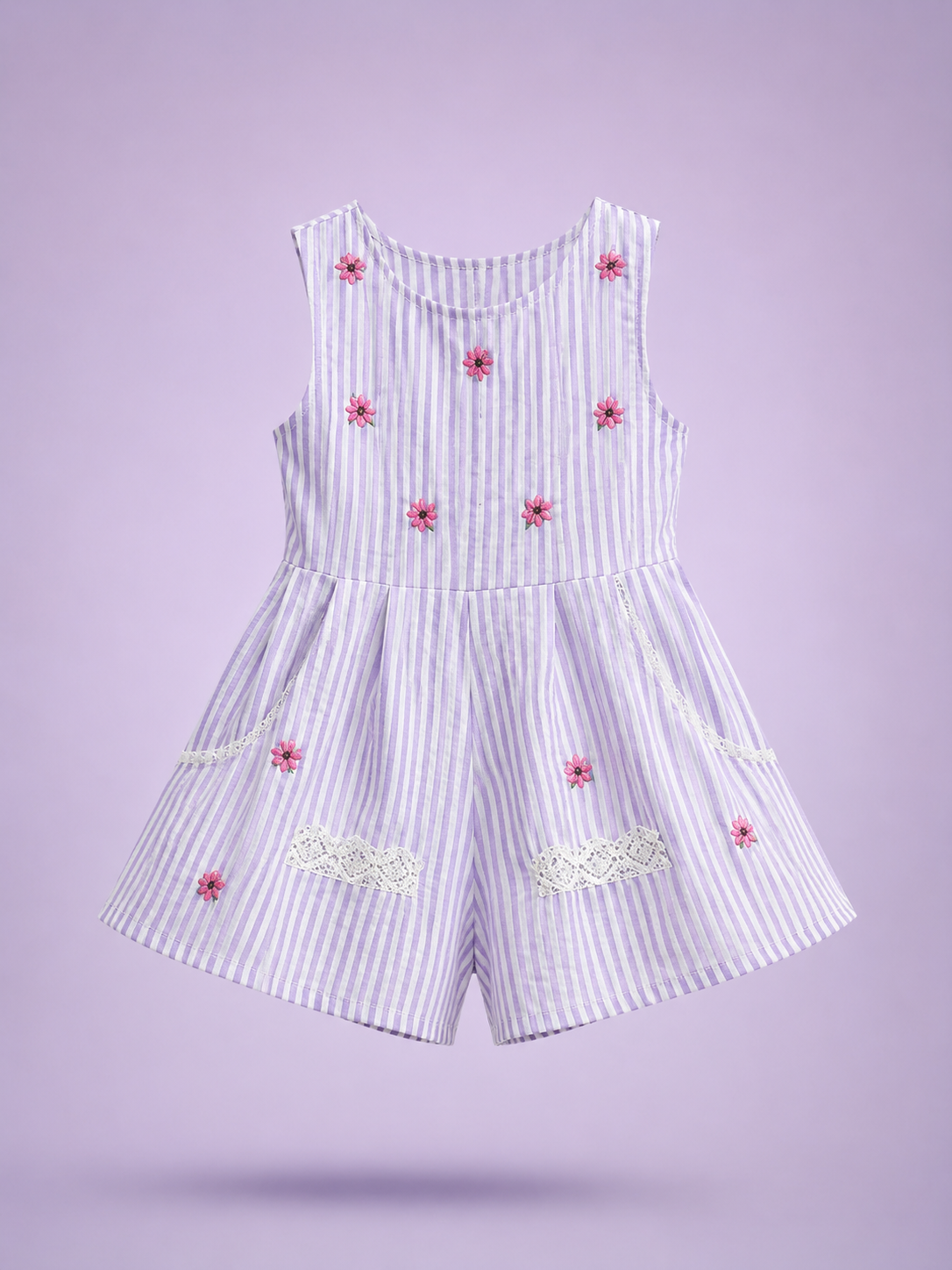 Lavender Meadow Floral Romper — Girls Striped Sleeveless Playsuit