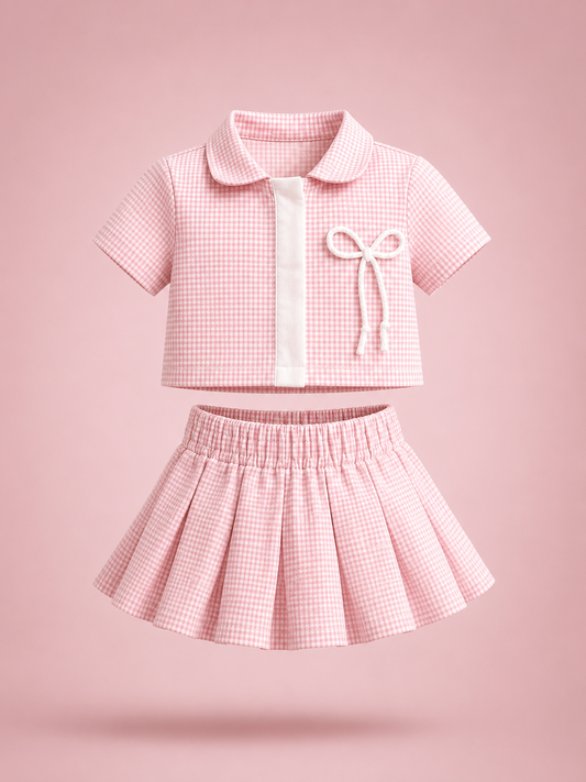 Peony Check Bow Collar Shirt & Pleated Skirt Set — Girls 2-Piece Co-ord