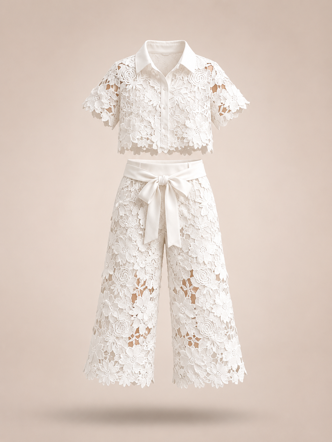 Ivory Bloom Crochet Co-ord Set — Girls Floral Lace Crop Top & Pants Set
