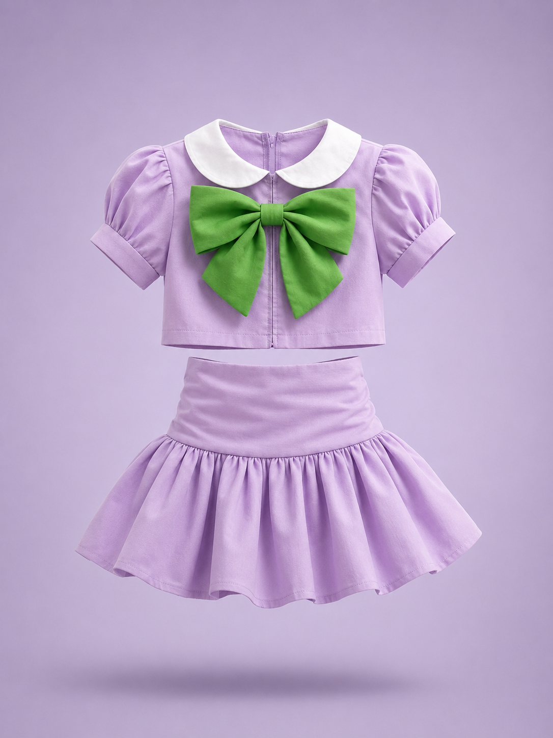 Lilac Bloom Green Bow Collar Set — Girls Puff Sleeve Top & Skater Skirt