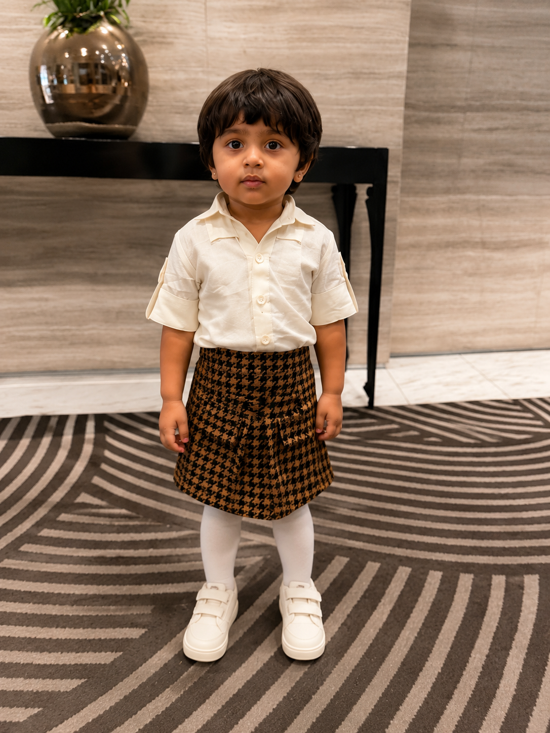 Ivory Collar Shirt & Houndstooth Skirt Set