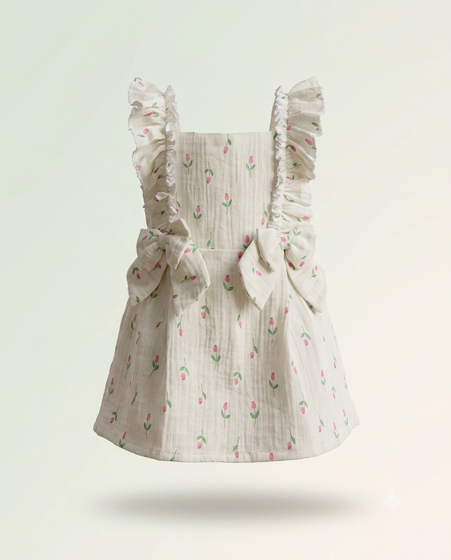 Tulip Garden Ruffle Bow Dress — Girls Sleeveless Floral Muslin Sundress