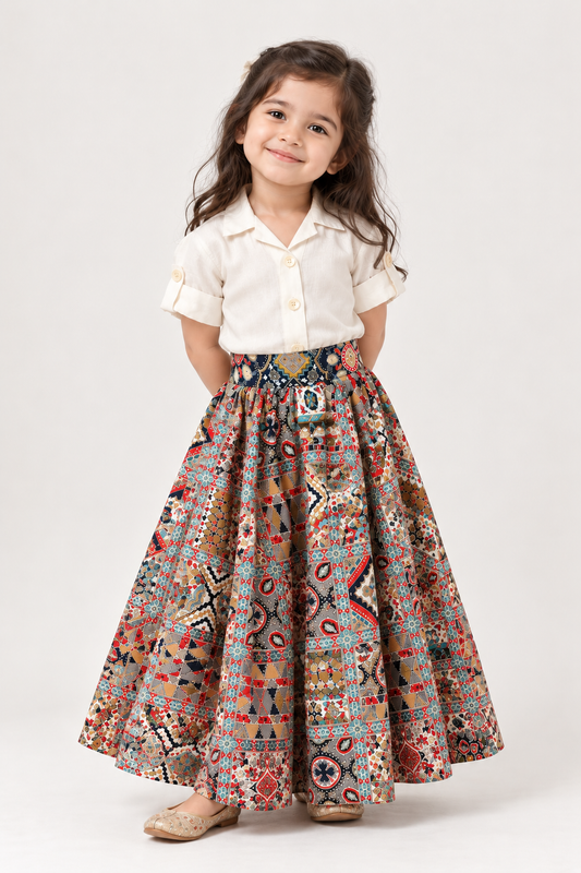Tara Navratri Set for Girls | Cotton-Linen Shirt & Printed Skirt