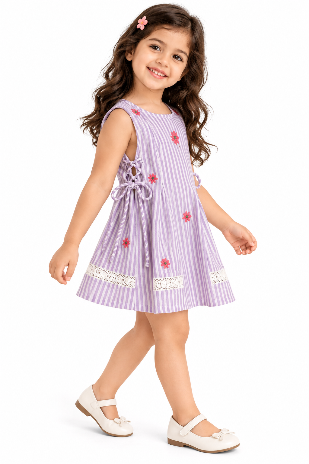 Lilac Daisy Cotton Dress for Girls | Hand-Embroidered Floral Dress