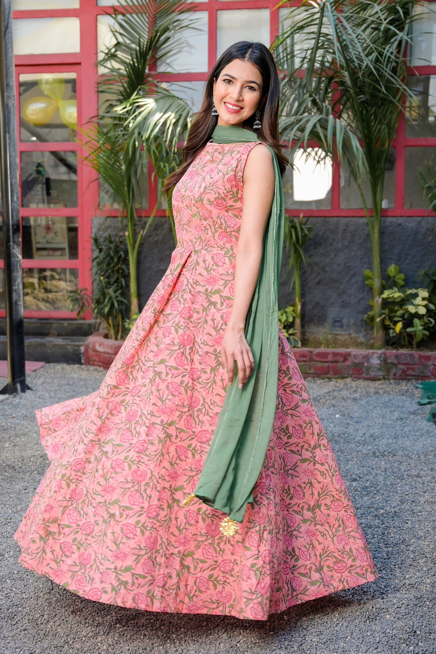 Orange block print dress with green dupatta - www.styletriggers.com