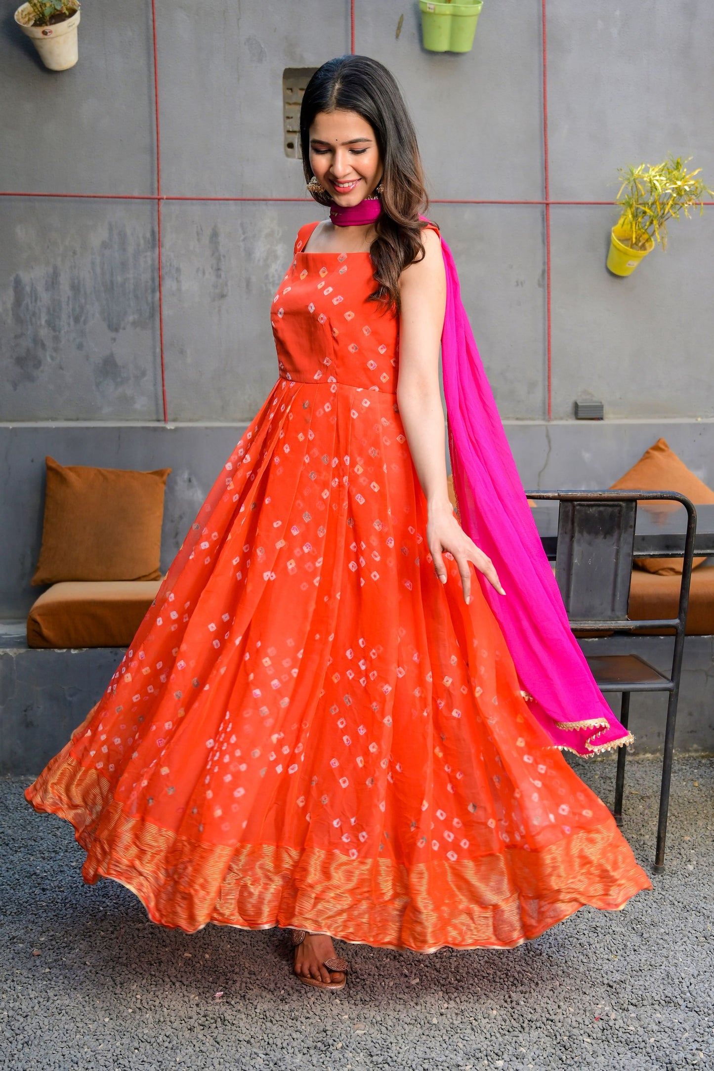 Orange bandhani print anarkali dress with dupatta - www.styletriggers.com