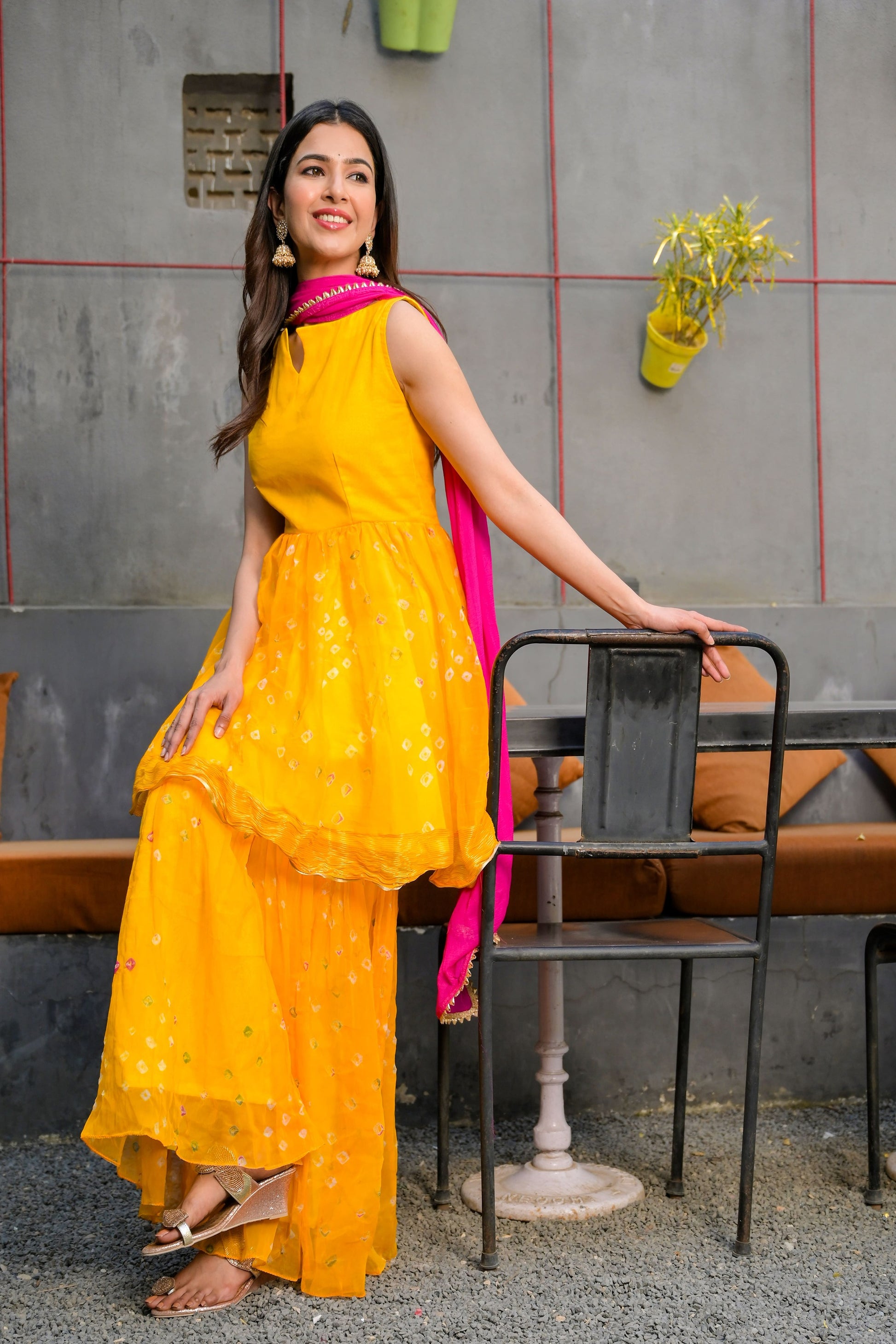 Yellow peplum gharara set (Set of 3) - www.styletriggers.com