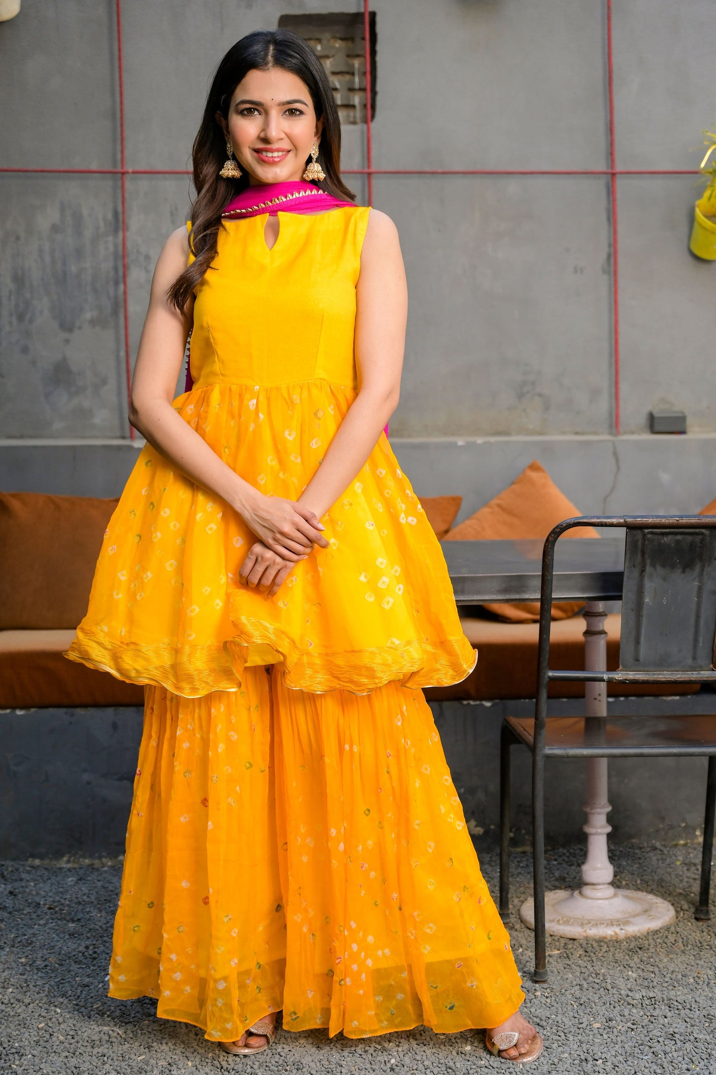 Yellow peplum gharara set (Set of 3) - www.styletriggers.com