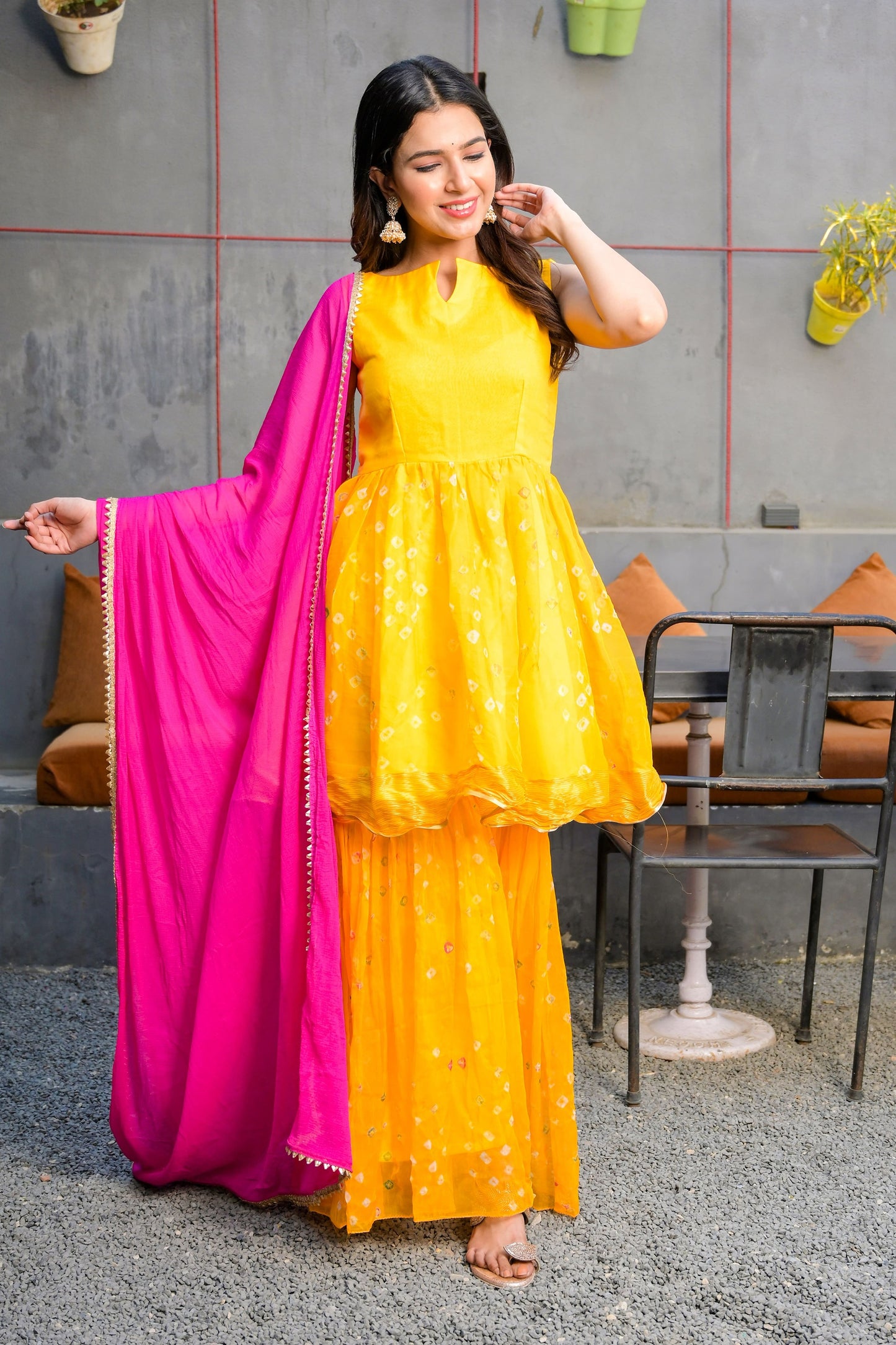 Yellow peplum gharara set (Set of 3) - www.styletriggers.com