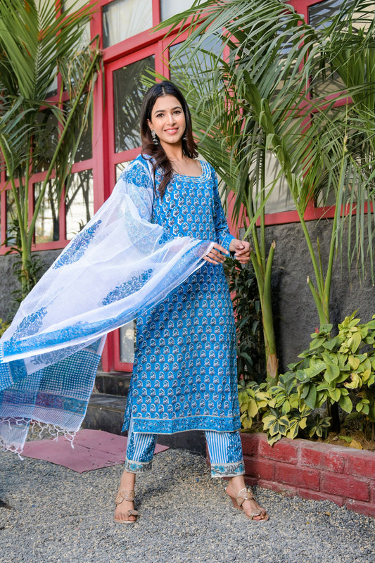 Blue block printed kurta pant set - www.styletriggers.com