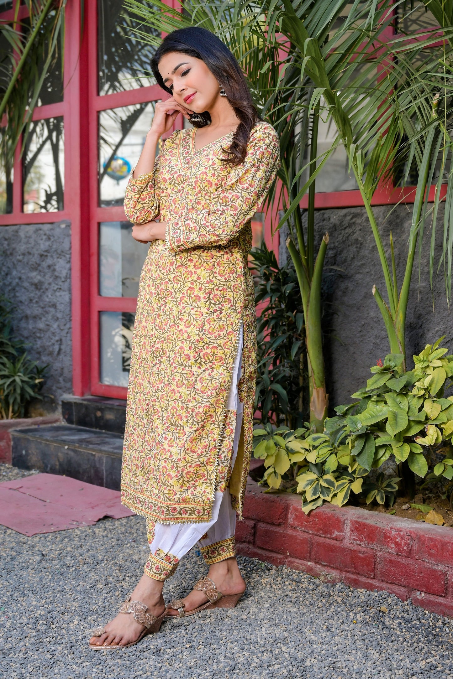 Yellow Block Print Chanderi Suit Set - www.styletriggers.com