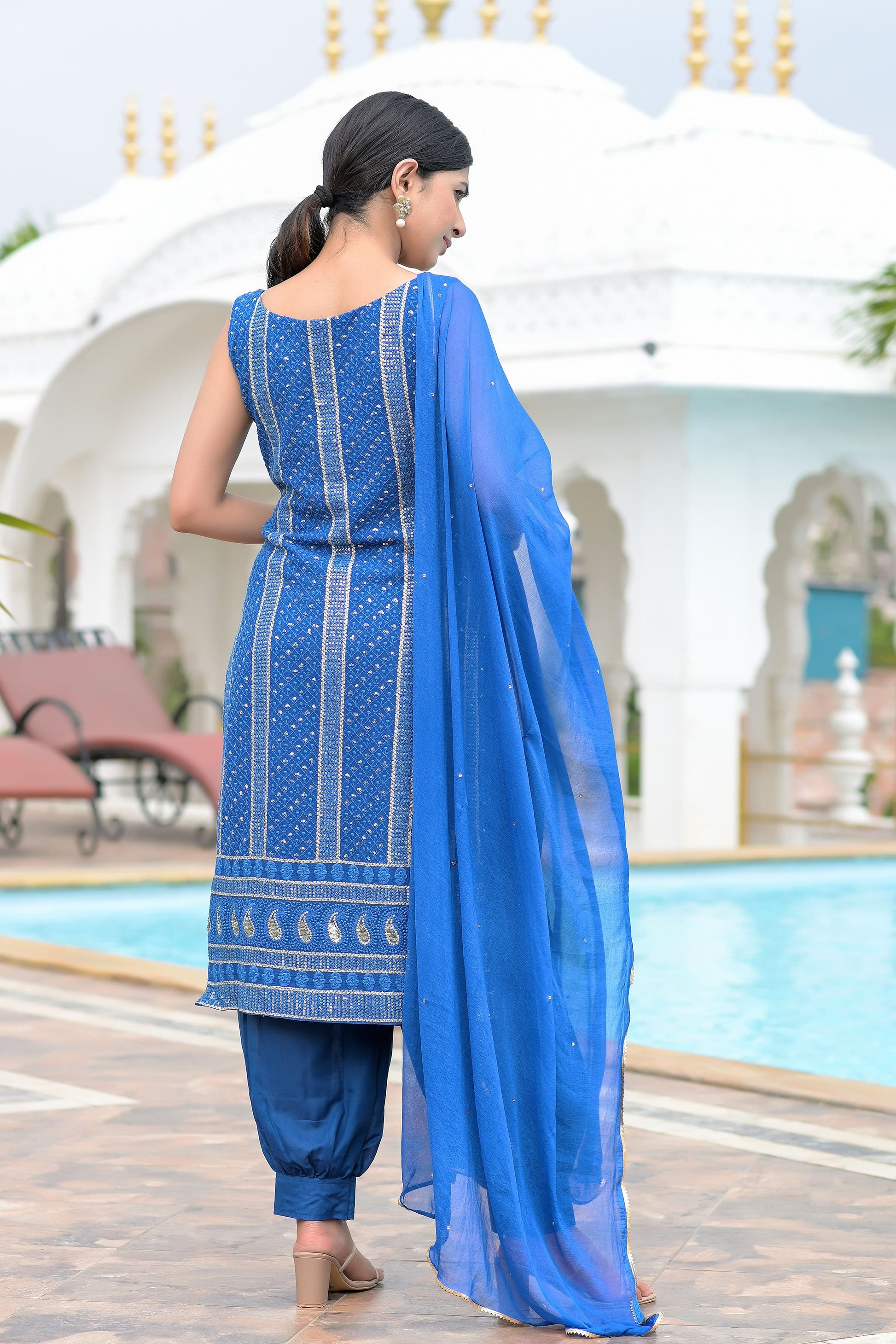 Blue Chikankari Suit Set - www.styletriggers.com