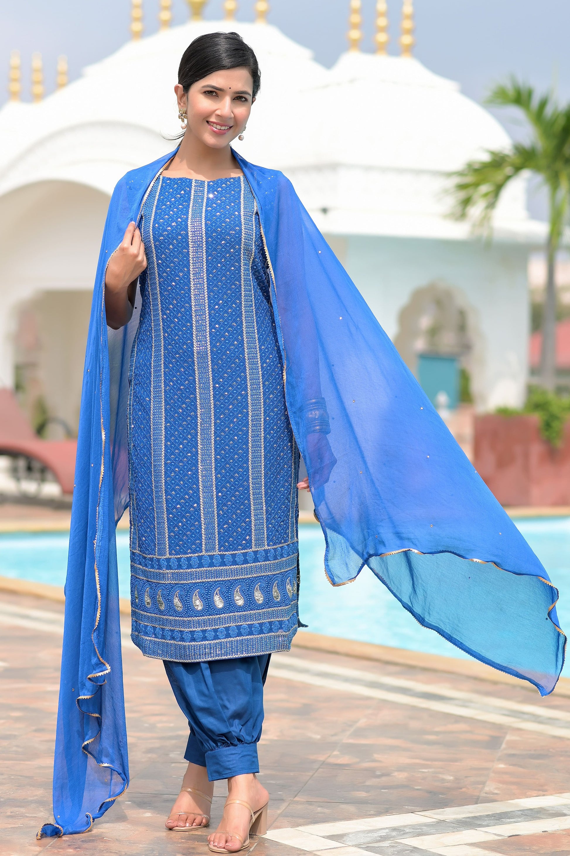 Blue Chikankari Suit Set - www.styletriggers.com