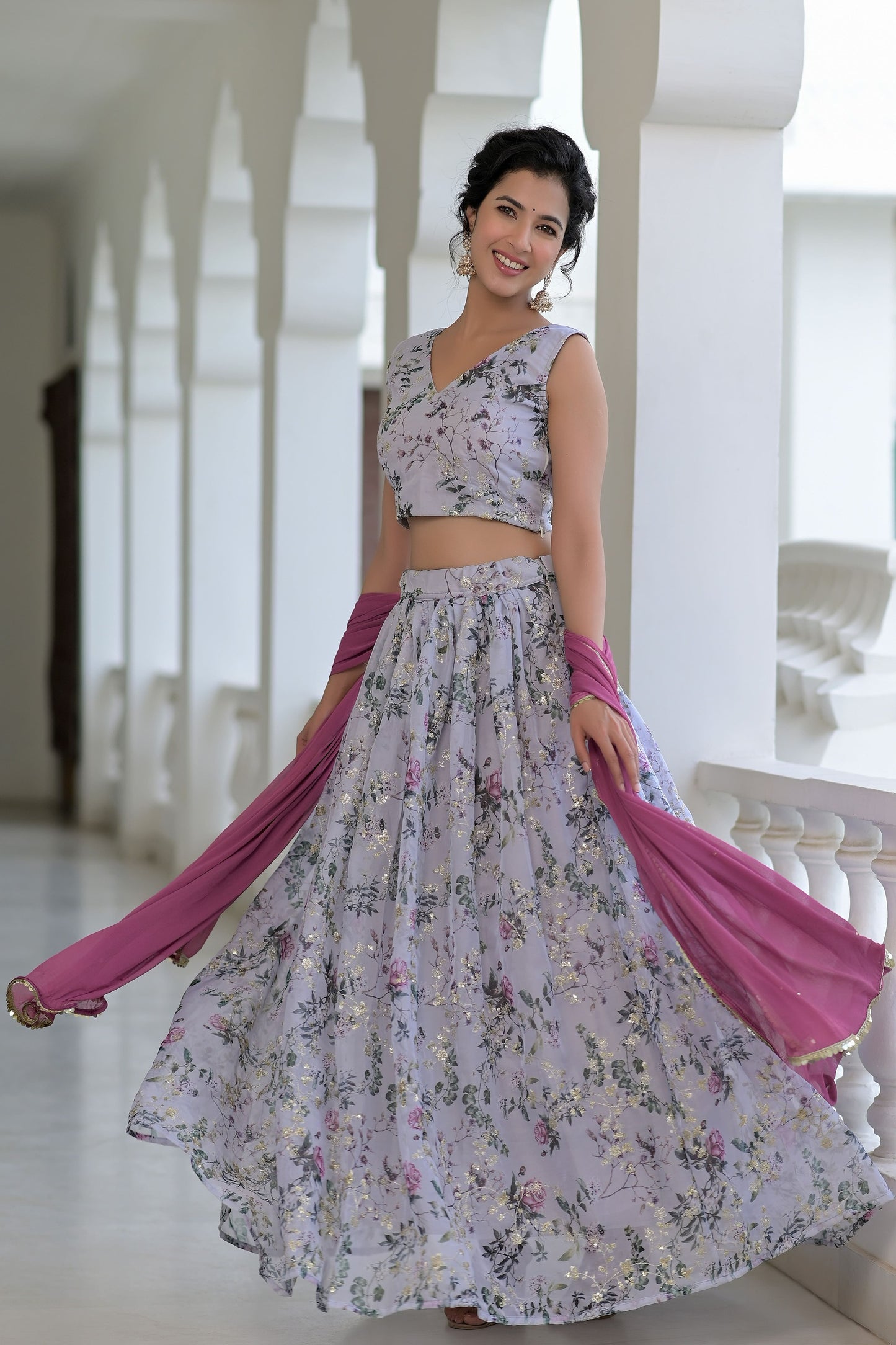 Grey floral embroidered lehenga set - www.styletriggers.com
