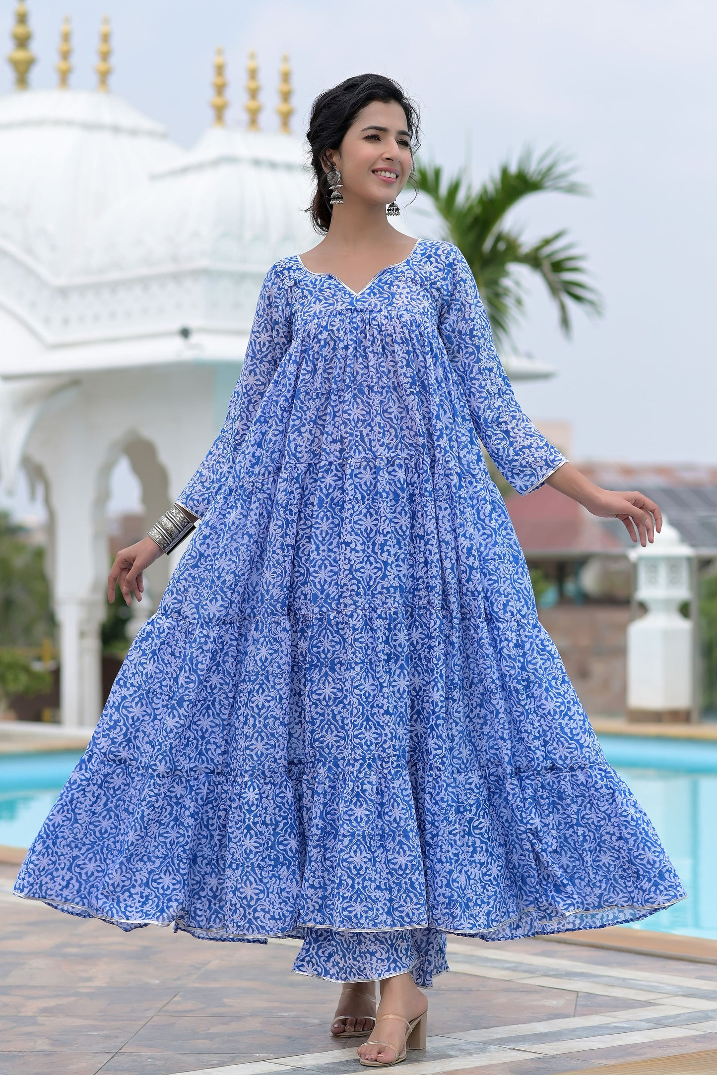 Blue block print anarkali set - www.styletriggers.com