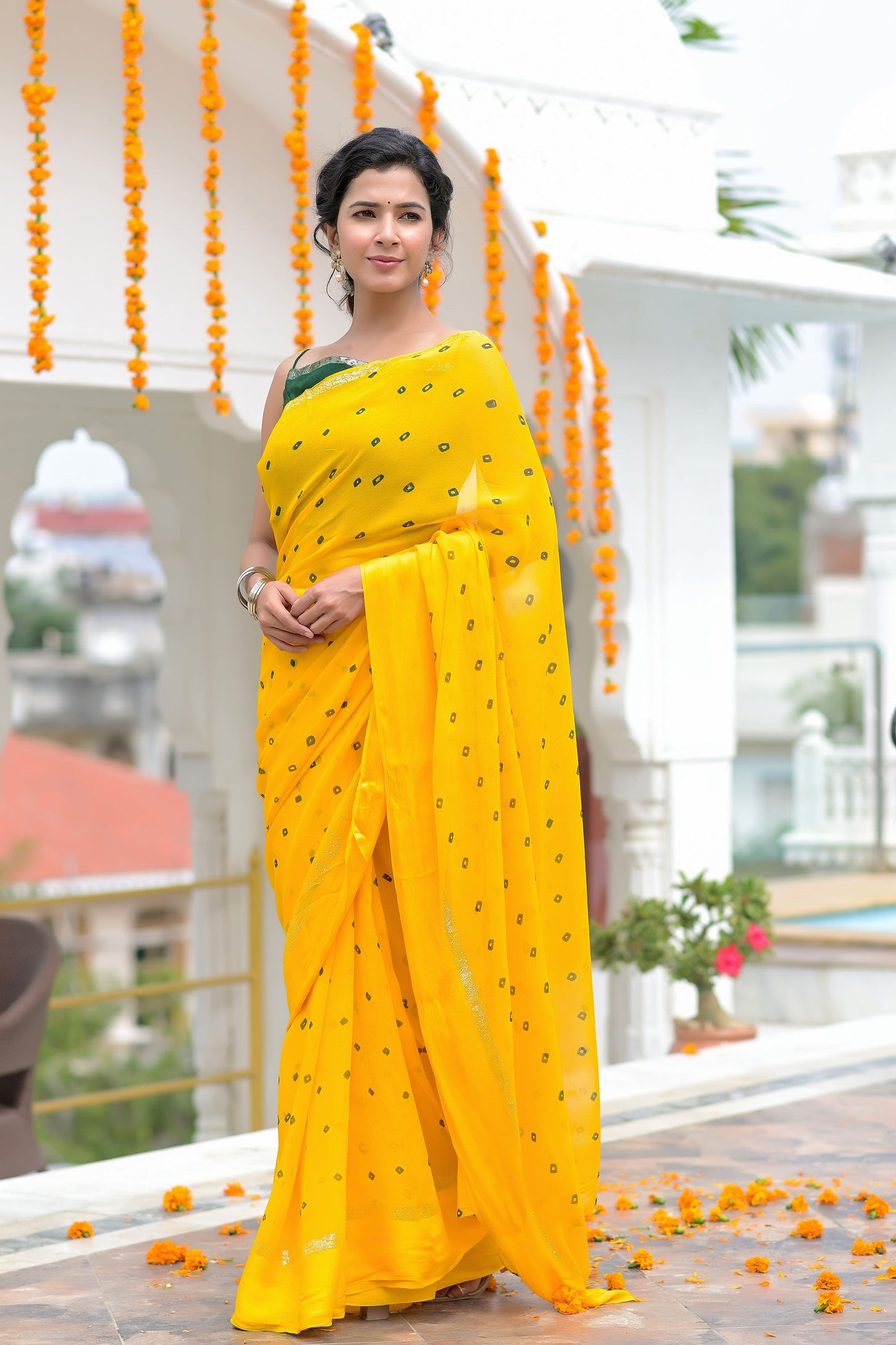 YELLOW BANDHANI PRINT SAREE - www.styletriggers.com