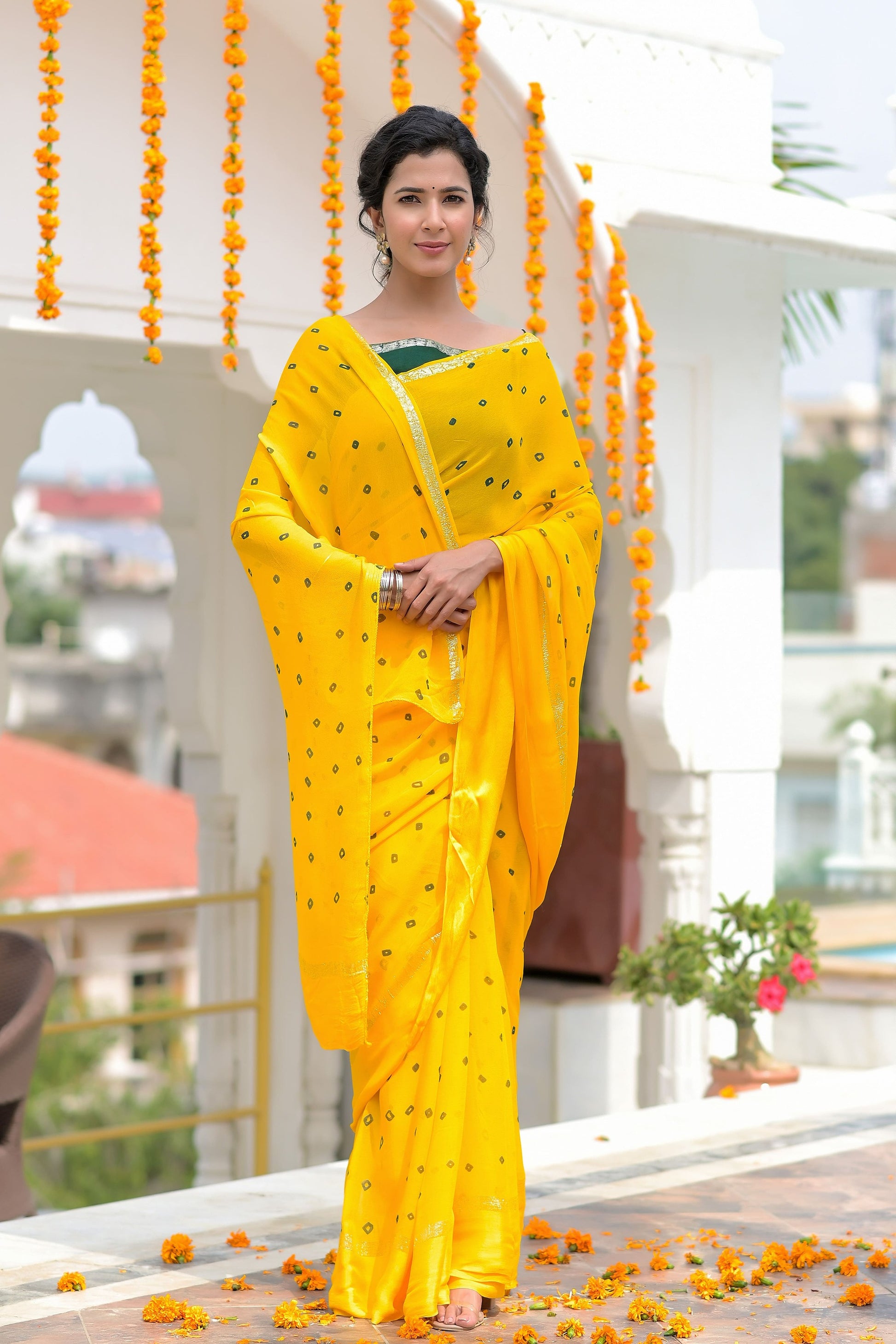 YELLOW BANDHANI PRINT SAREE - www.styletriggers.com